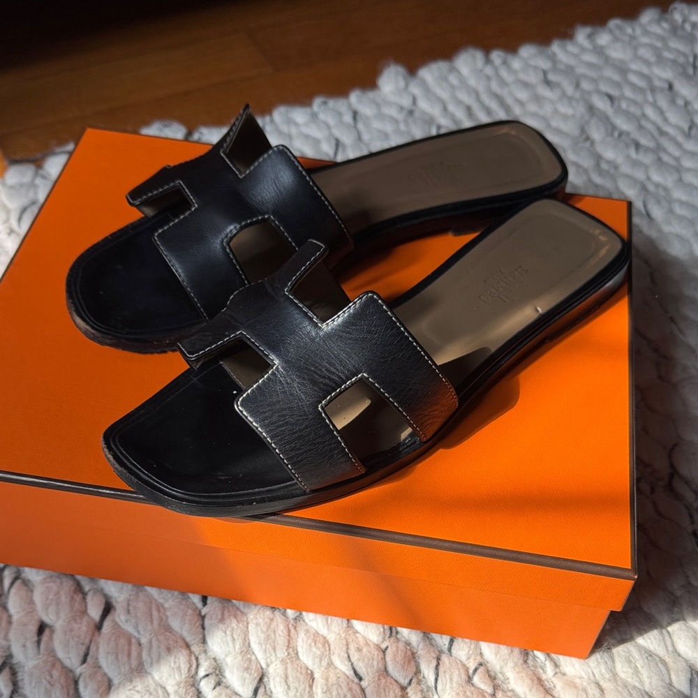 Hermes Black Leather H-Cut Slide Sandals for Women